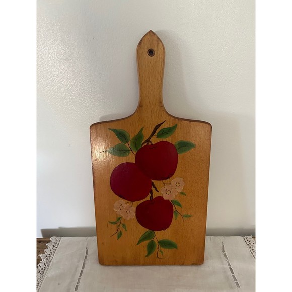 Vintage Wood Wall Hanging Cutting Board with Hand painted Apple design flowers - Picture 2 of 9